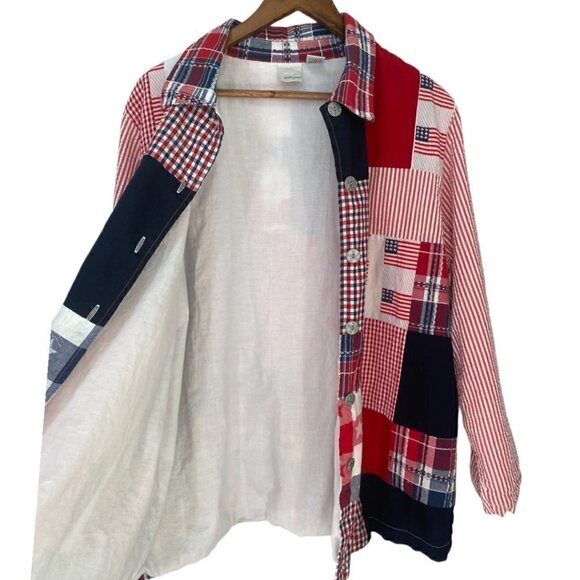 Romans Vintage American Flag Patriotic Quilt Patchwork Shacket Size Large - Picture 9 of 13